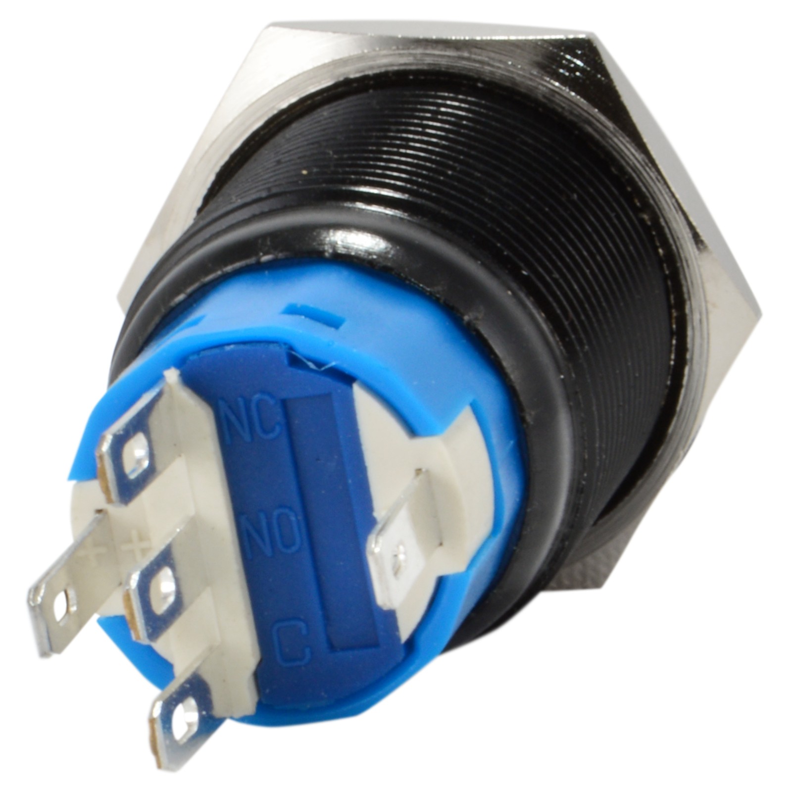 19mm 12V Latching Push Button Power Switch Black Metal Blue LED Waterproof