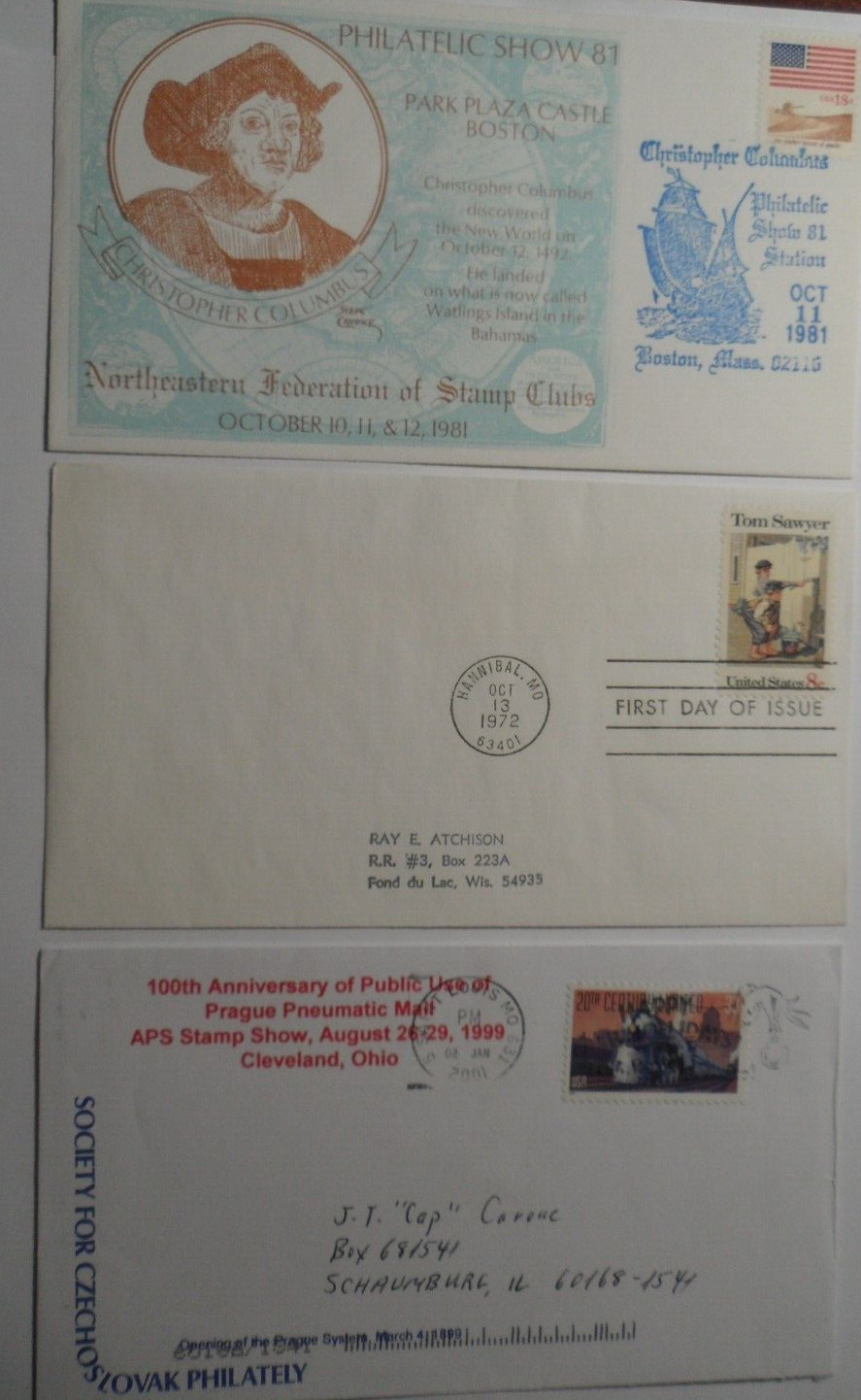 STAMPMART USA 3 DIFFERENT 2001 1972 & 1981 TOWN SAWYER PNEUMATIC MAIL & COLUMBUS