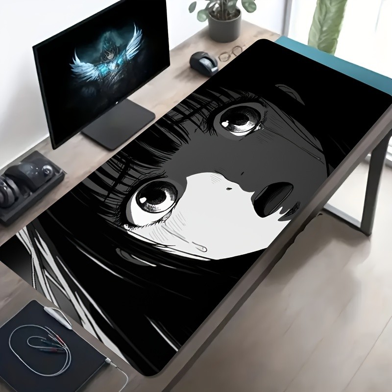 1 Oversized Gaming Mouse Pad with Black and White Anime Tear Design, Non-slip