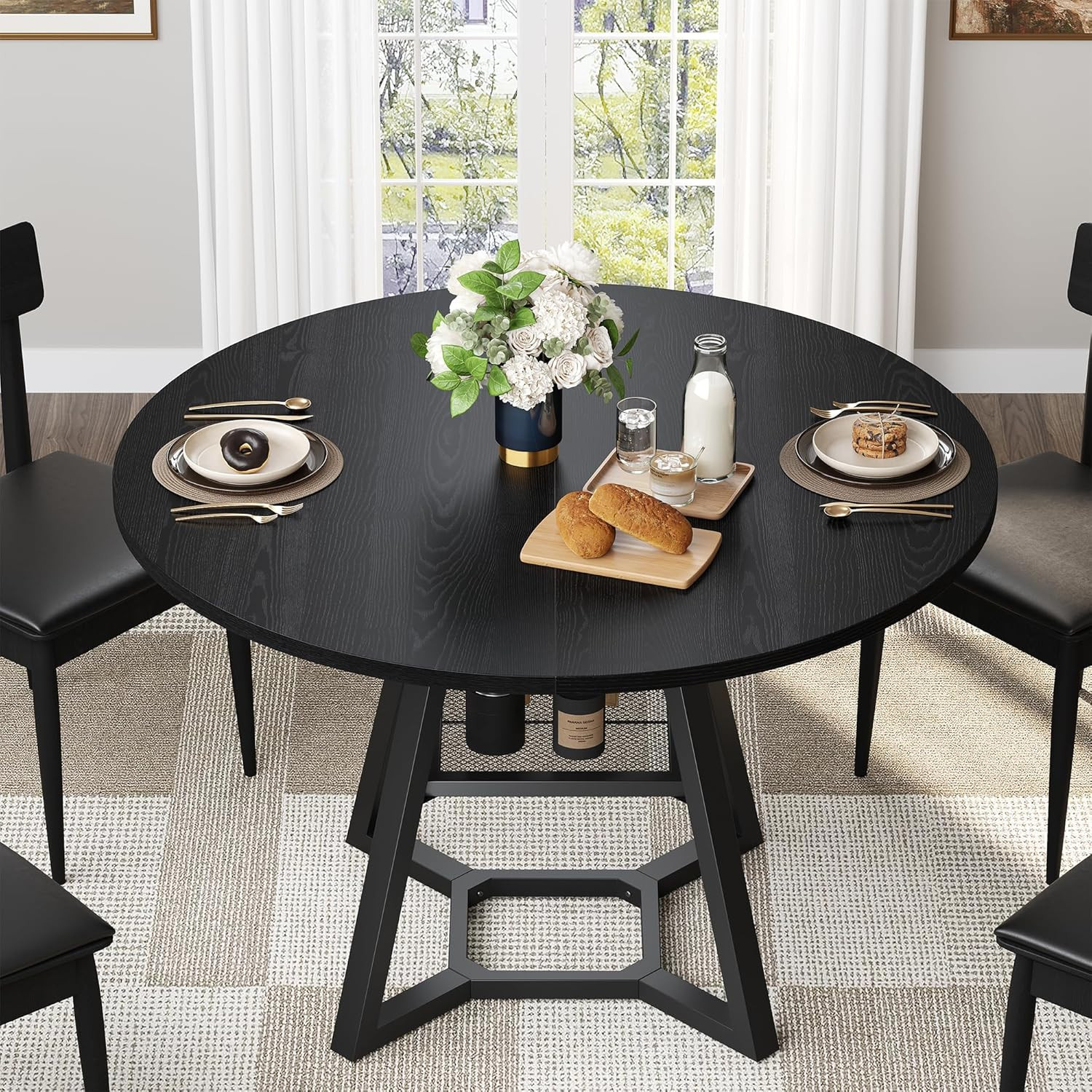 43" Round Dining Table for 4 - Space-Saving Black Wood & Metal Design