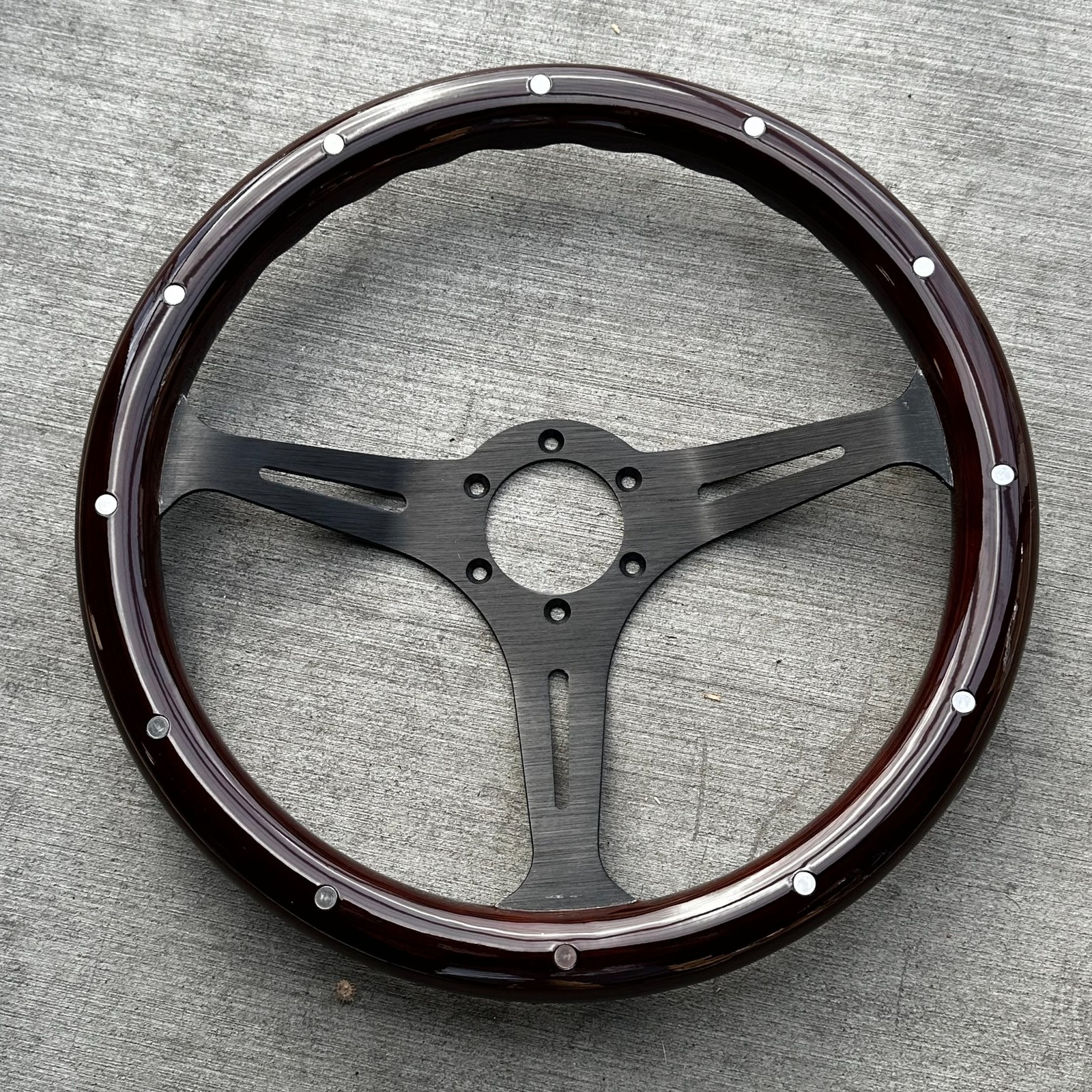Factory Second 14" Matte Black Steering Wheel Dark Stained Wood Grip with Rivets