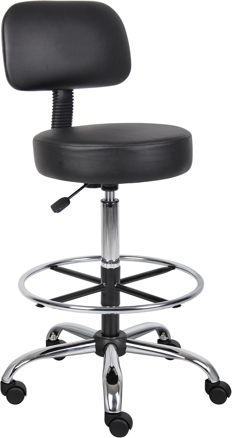 Durable Black Vinyl Drafting Stool with Adjustable Height & Plush Back Support