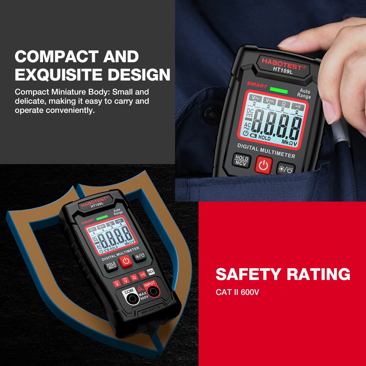 2Pcs HABOTEST HT109L Handheld NCV Digital Multimeter AC DC Voltmeter Ohmmeter