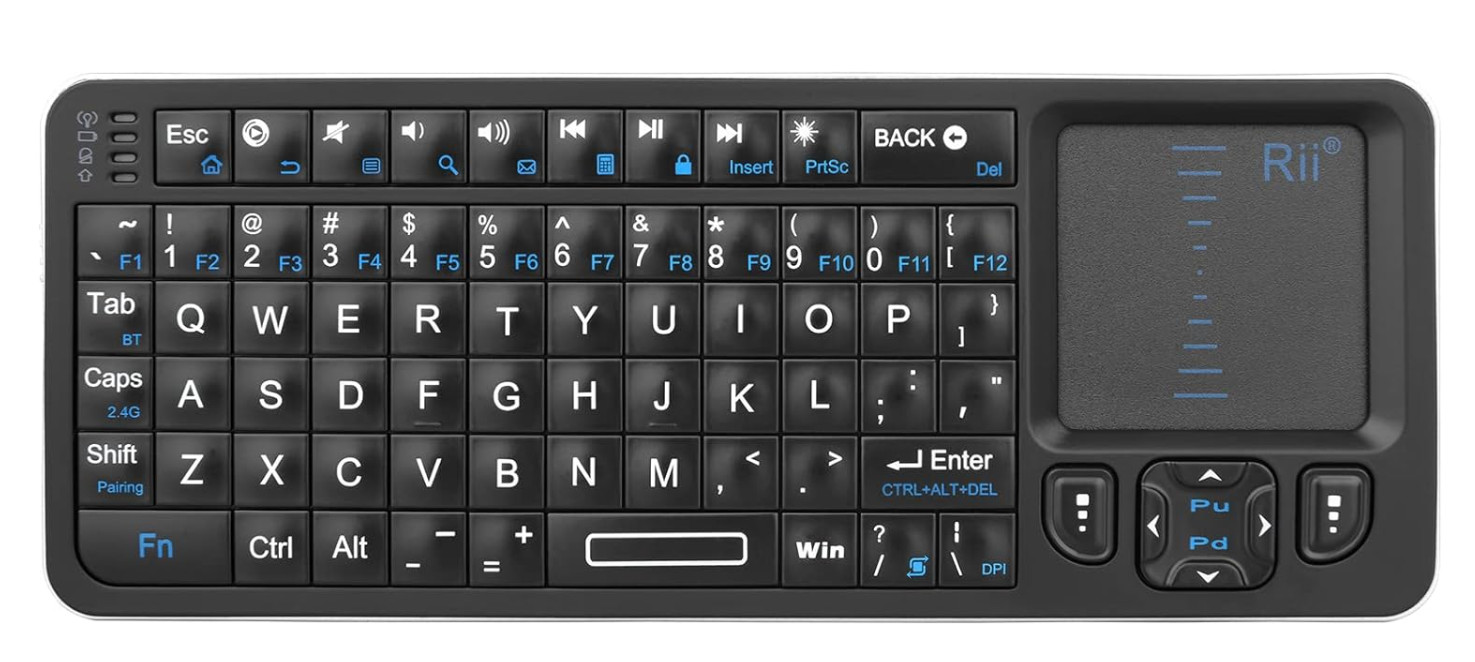 Mini Bluetooth Backlit Keyboard with Touchpad, 2.4GHz Wireless, IR Learning, Por