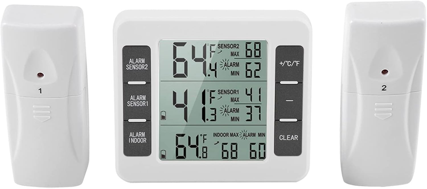 Wireless Digital Refrigerator Fridge Freezer Thermometer Temp Alarm Dual Sensor