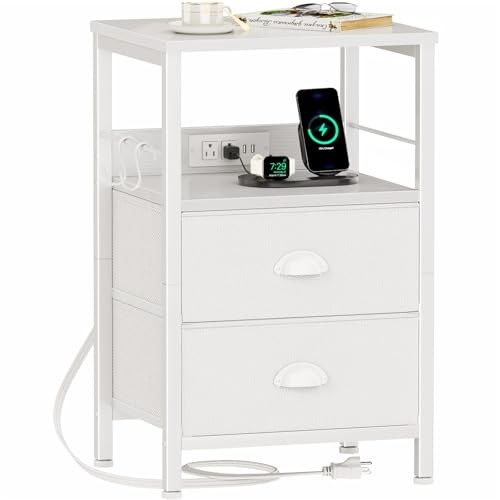End Table with Charging Station, Nightstand with Fabric Drawers, 1 pc White