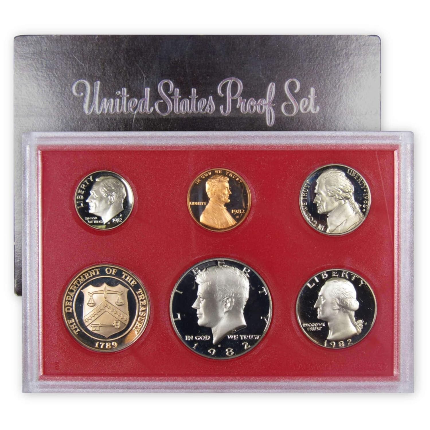 1982 Proof set Clad Kennedy Half dollar Washington,  - 5 coins OGP
