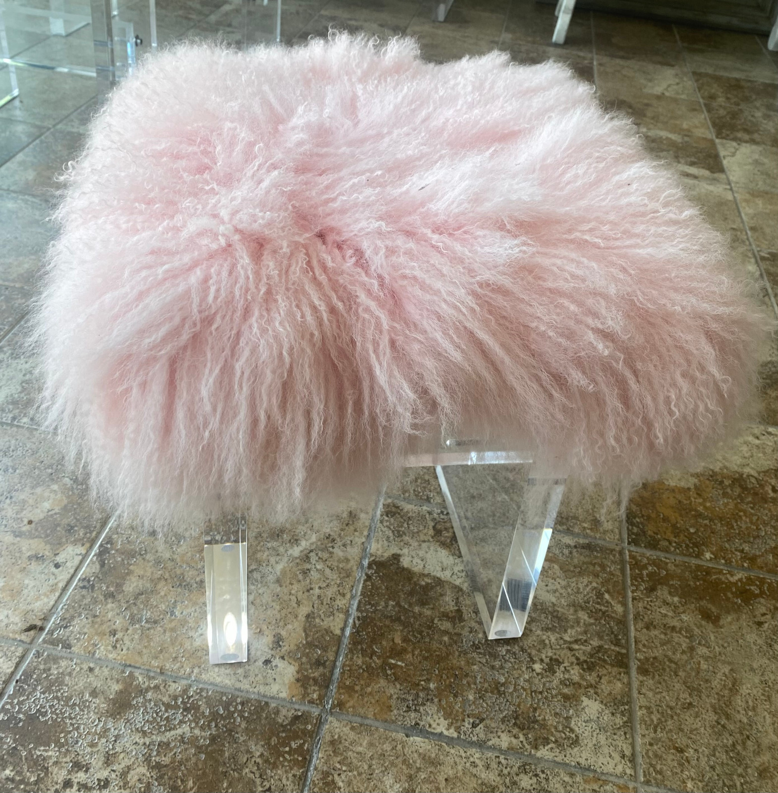 Small Custom Pink Tibetan Lamb Bench with Custom Acrylic Base and Stretcher