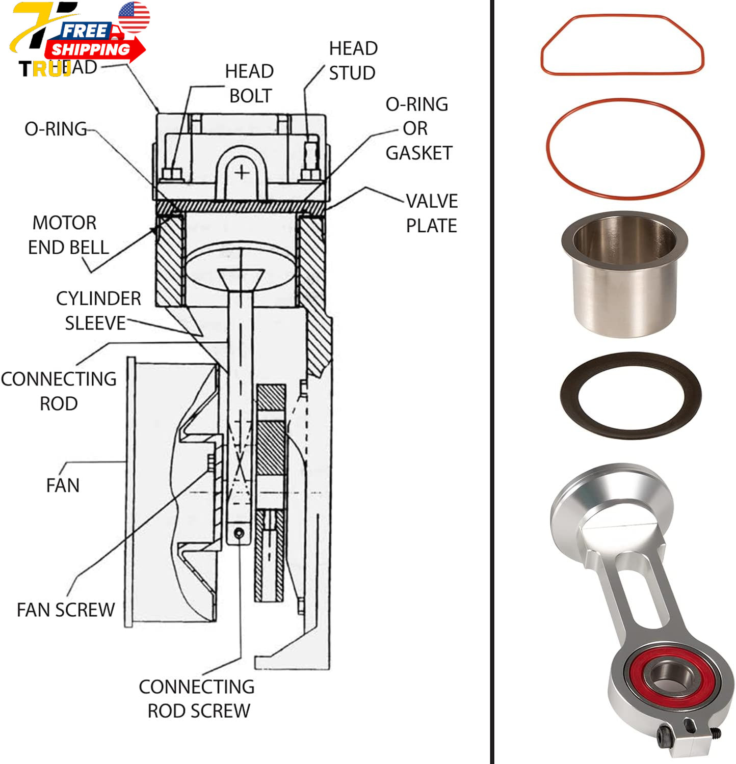 Compressor Piston Kit Connecting Rod Replacement Kit w/Piston Bearing for Sears