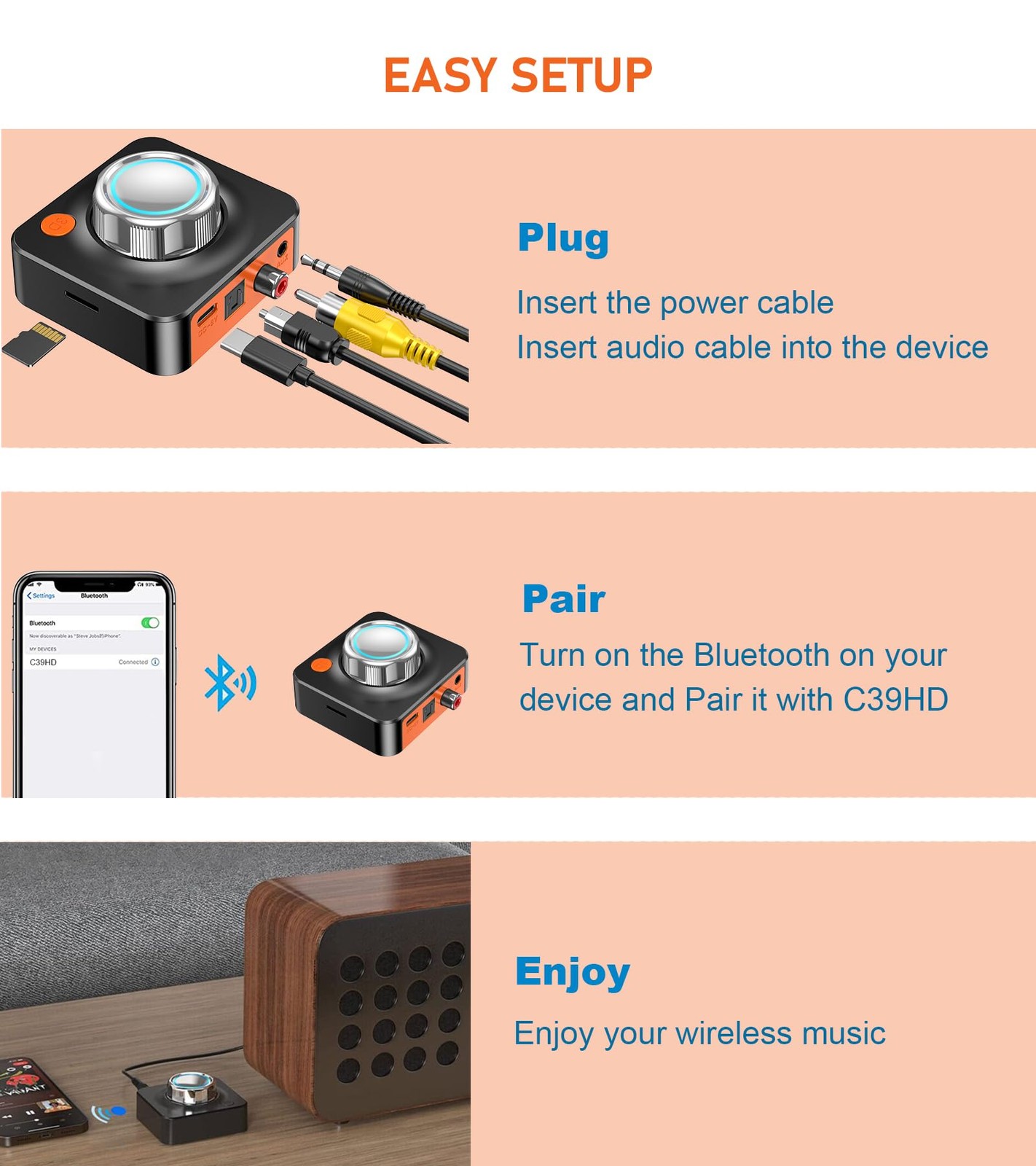 Bluetooth Receiver for Home Stereo, Bluetooth Adapter for Old Receiver with 3...