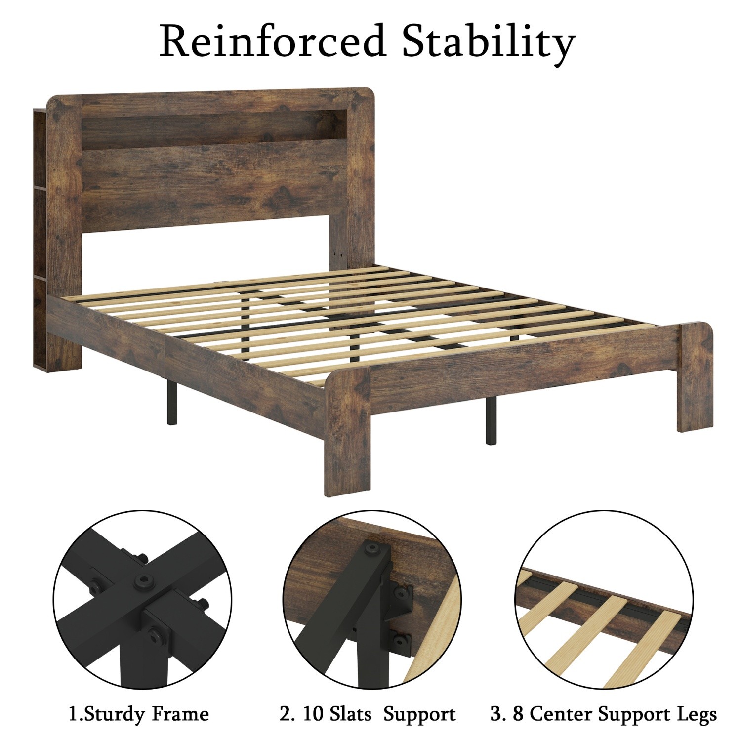 Full Size Bed Frame Wood Platform Bed w/ Storage LED Light Headboard & USB Ports