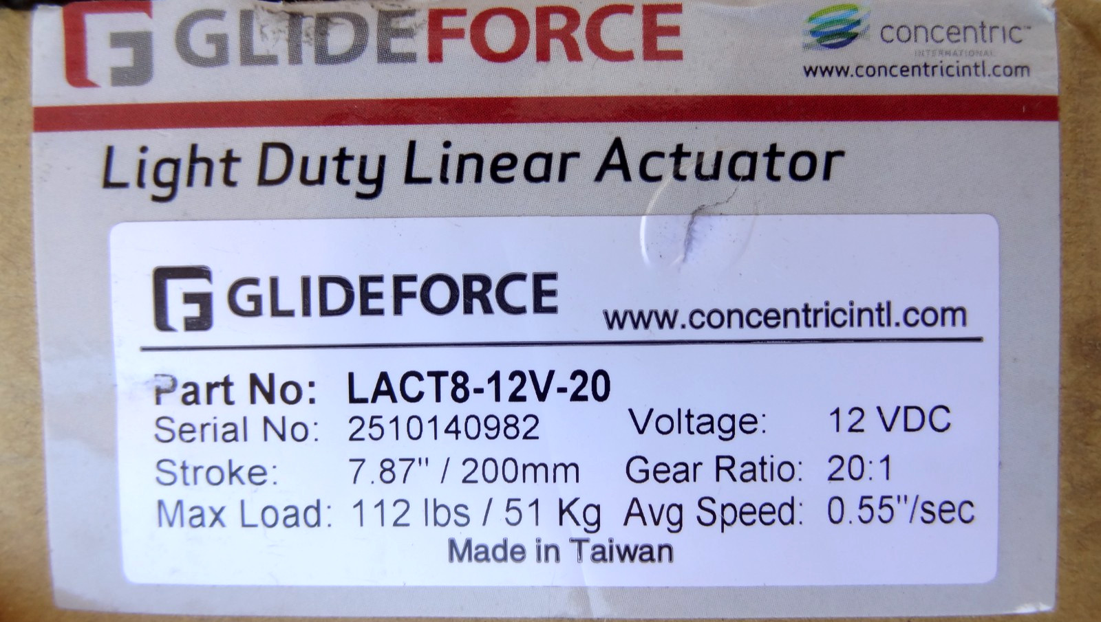 Glideforce LACT8-12V-20 Light-Duty Linear Actuator 12VDC