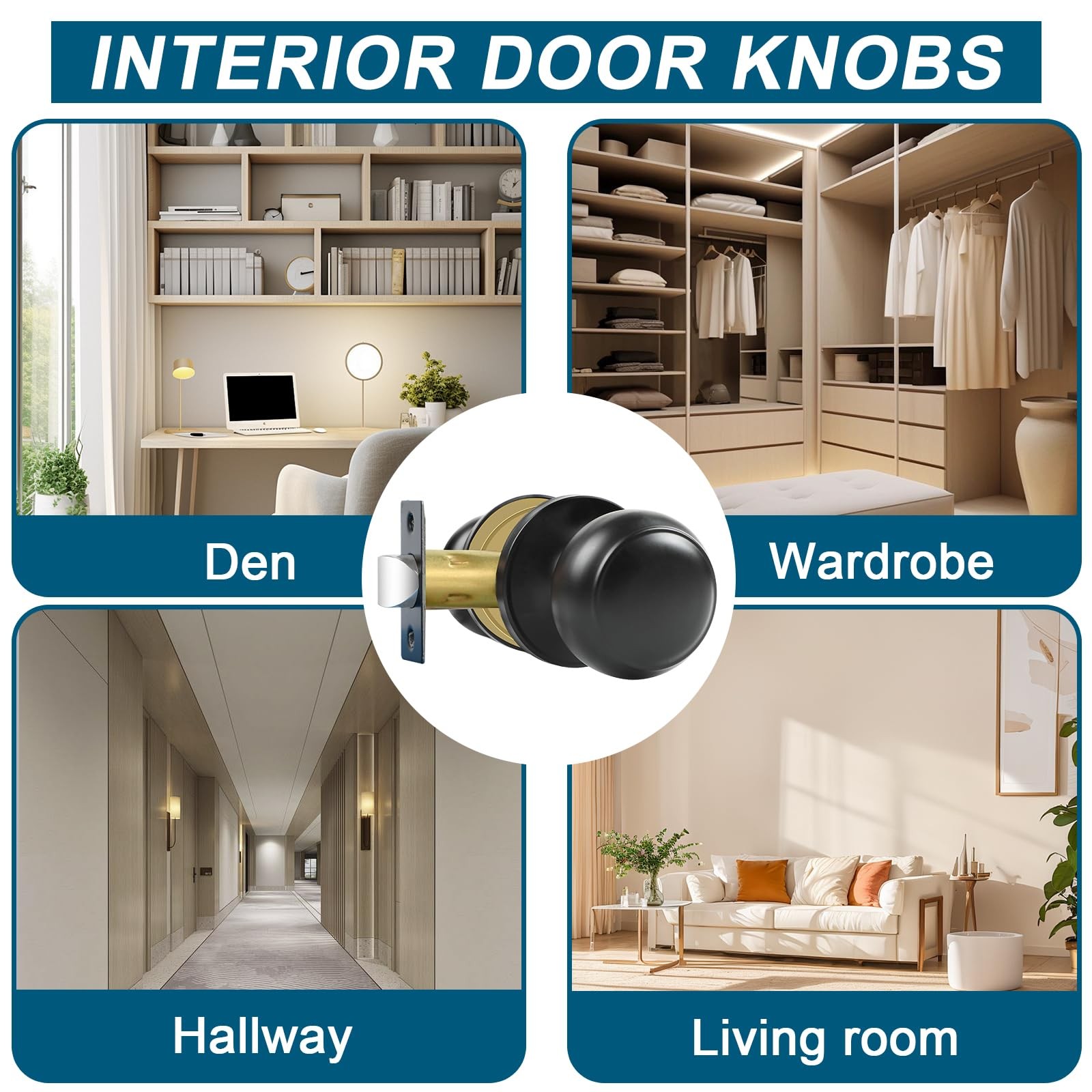 Passage Door Knobs, 4 Pack Matte Black Door Knobs, for Hallway & Closet Non-L...