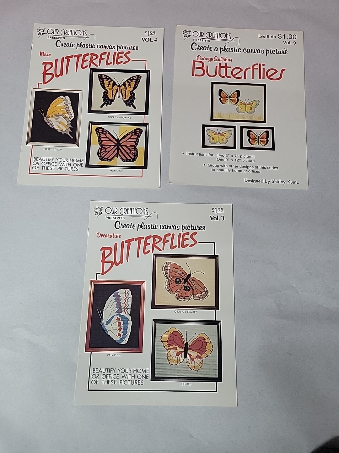 Lot of 3 Plastic Canvas Booklet Patterns Butterflies By Our Creations Vol. 3,4,9