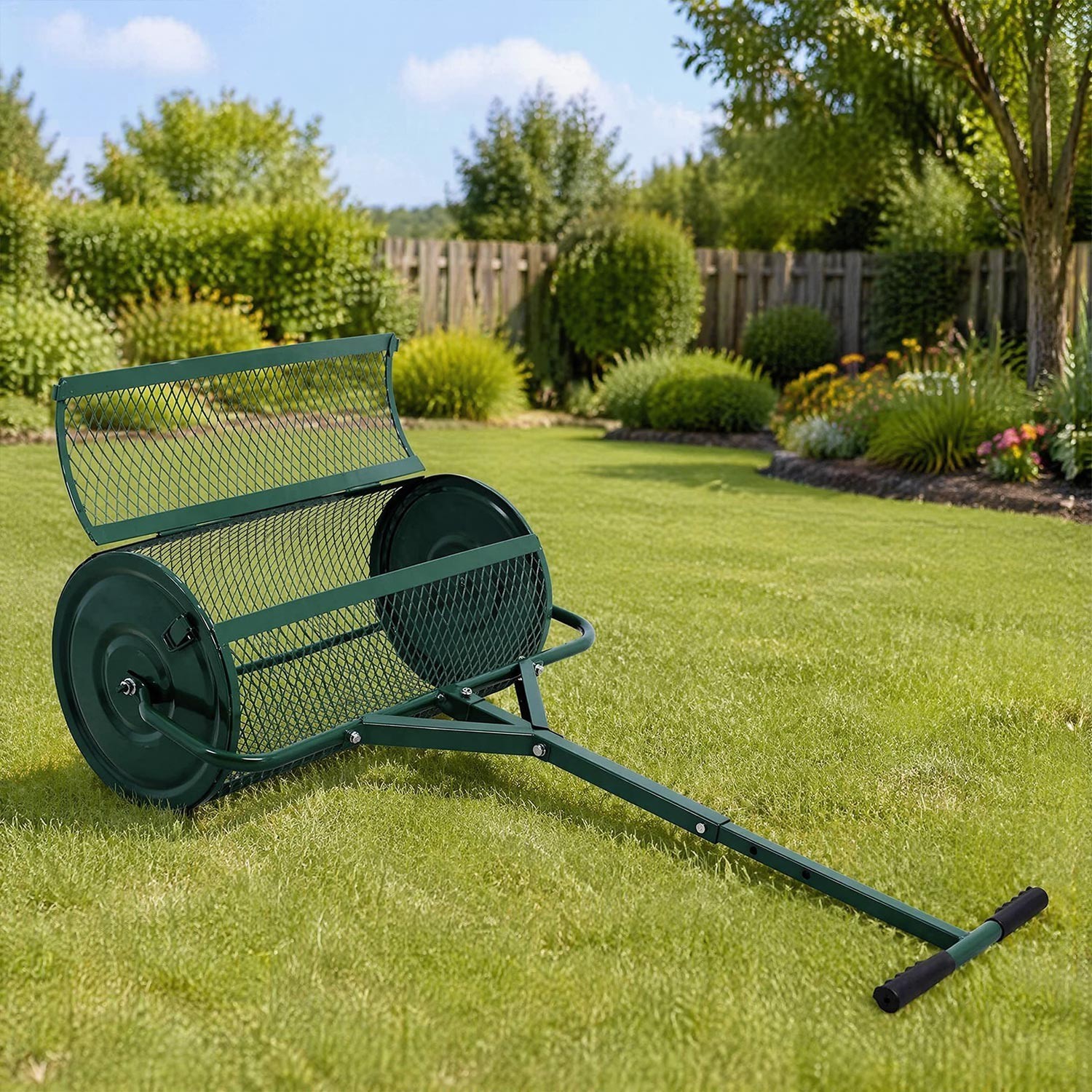 24" Peat Moss Spreader Heavy Duty Compost Roller Adjustable T Handle Lawn
