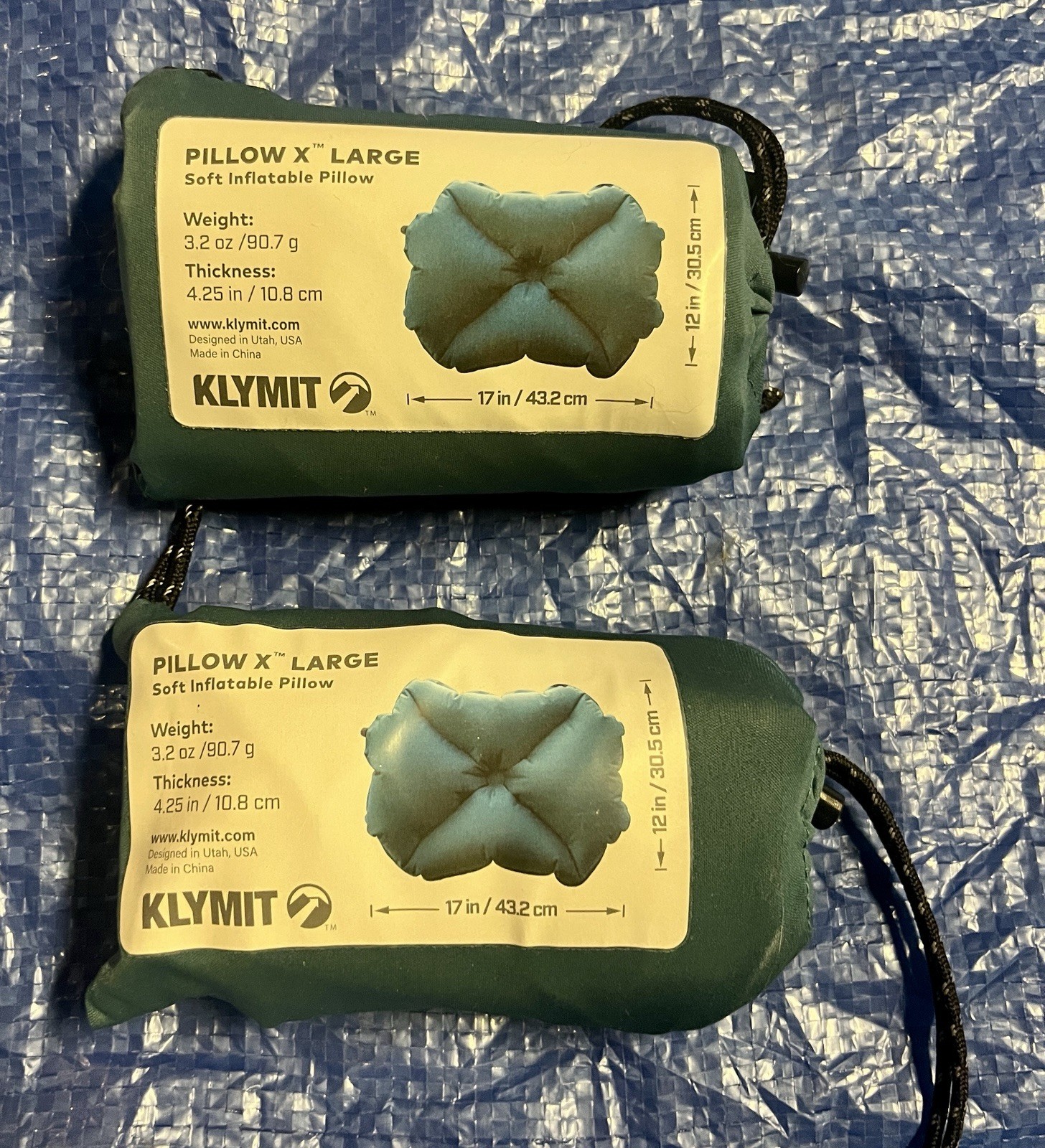 TWO X-LARGE KLYMIT Inflatable Camping Travel Pillows with Carry Bag