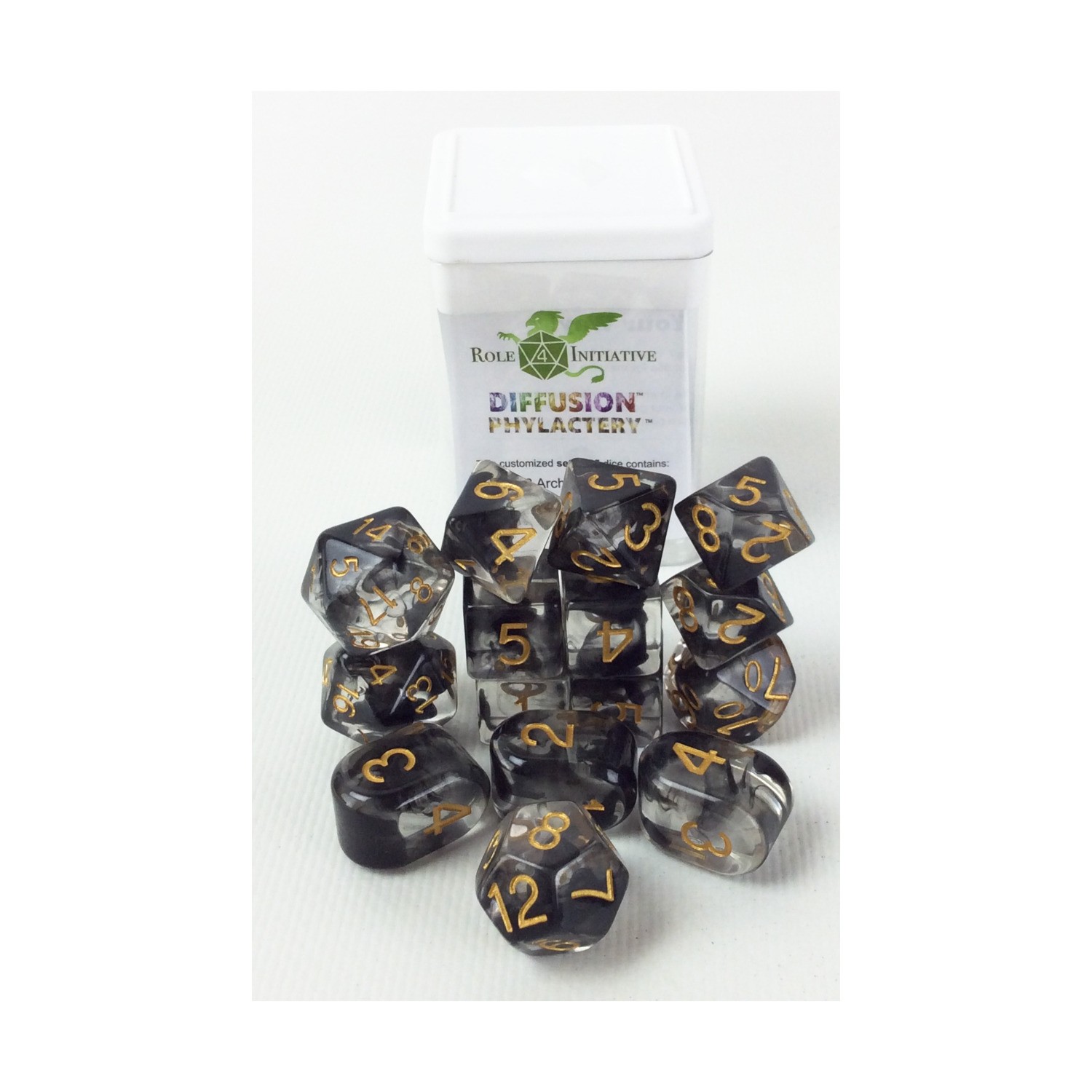 R4I Diffusion Di  Polyhedral Dice - Phylactery, Arch'd d4's w/White Numbers NM