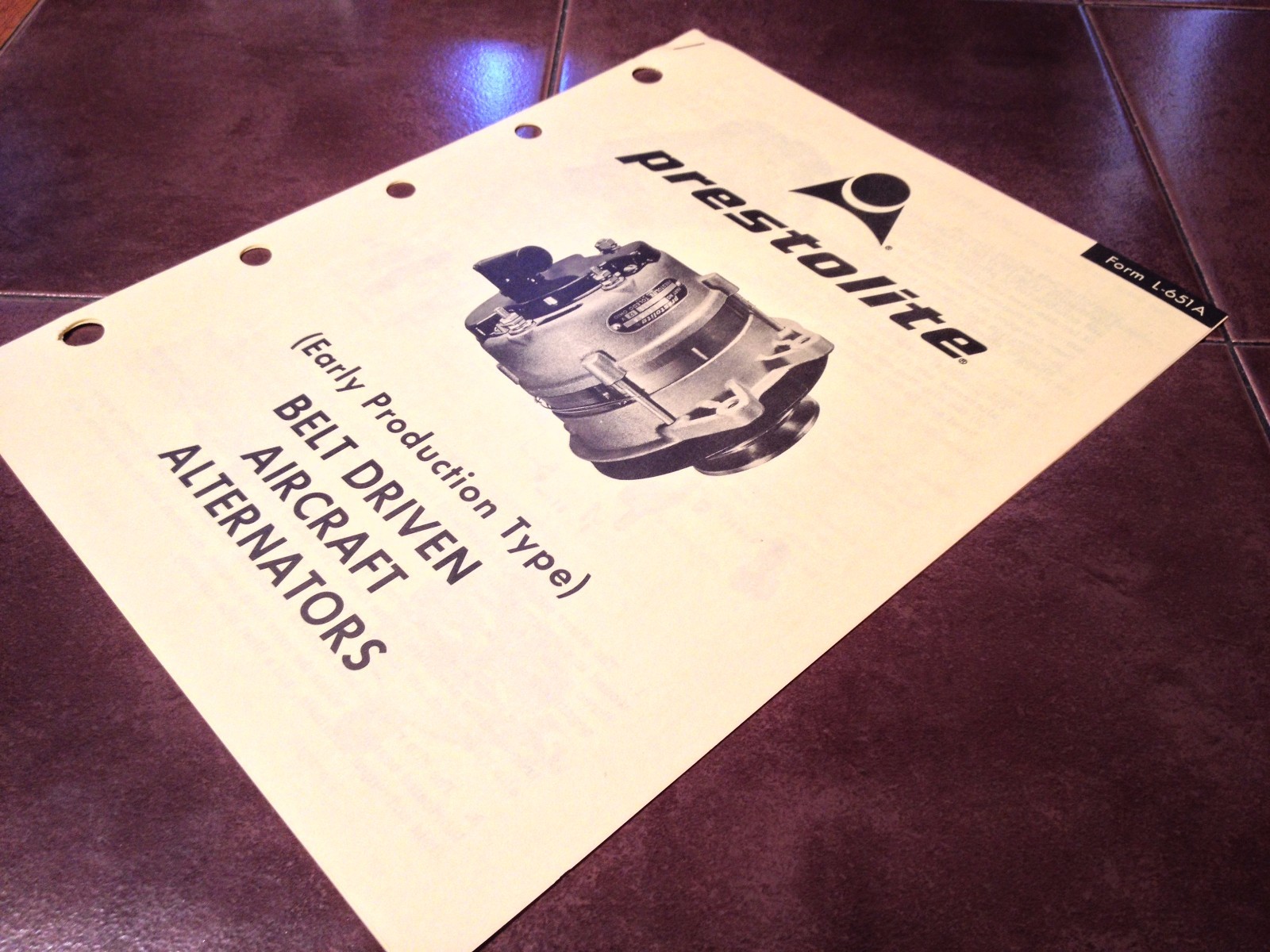 Prestolite (Early Type) Belt Driven Aircraft Alternator Service Data Tech Sheets
