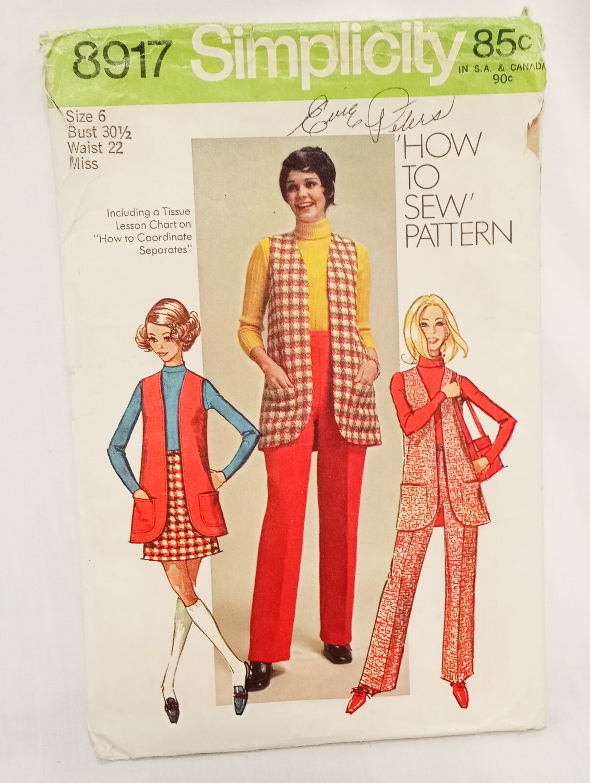 Misses Vest Mini-Skirt Pants Size 6 Bust 30 1/2 Simplicity 8917 Vintage 1970
