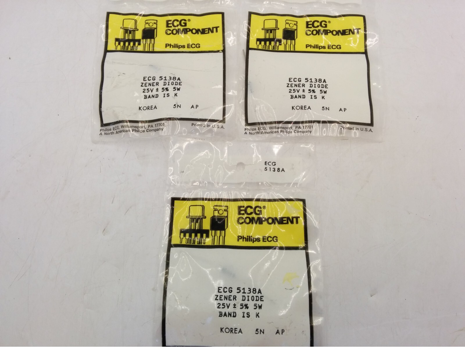 PHILLIPS ECG5138A ZENER DIODE, 25V 5W, (LOT OF 3) NIB