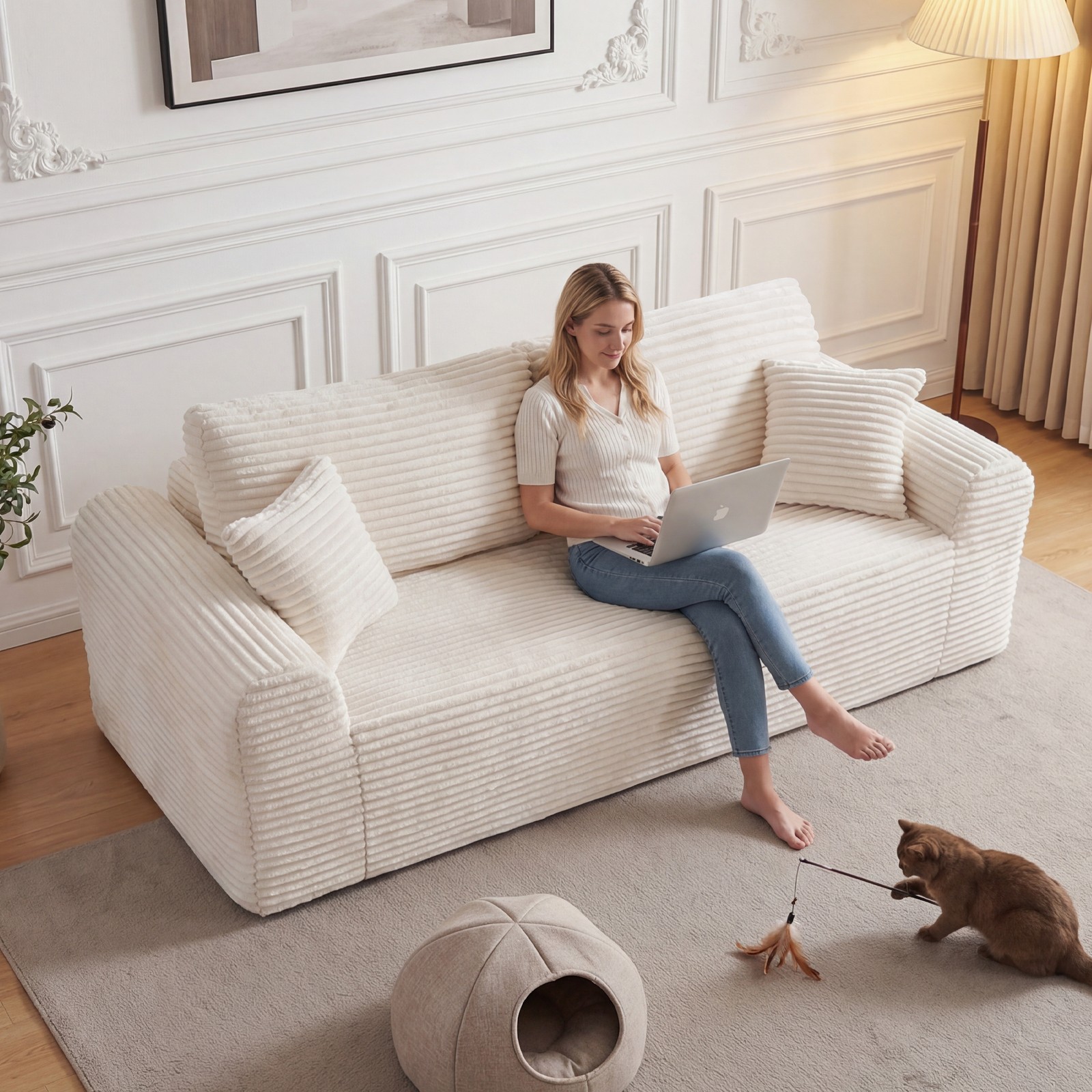 3 Seater Couch, Corduroy Boneless Couches for Living Room,26.4" Cloud Couch with