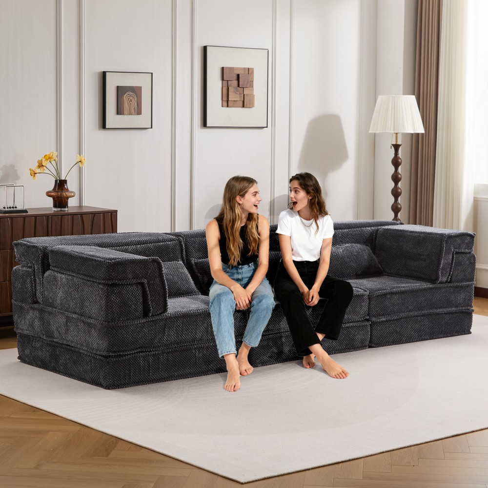 Convertible Floor Sofa Bed w/ Pillows, Dark Gray Circle Fleece Fabric