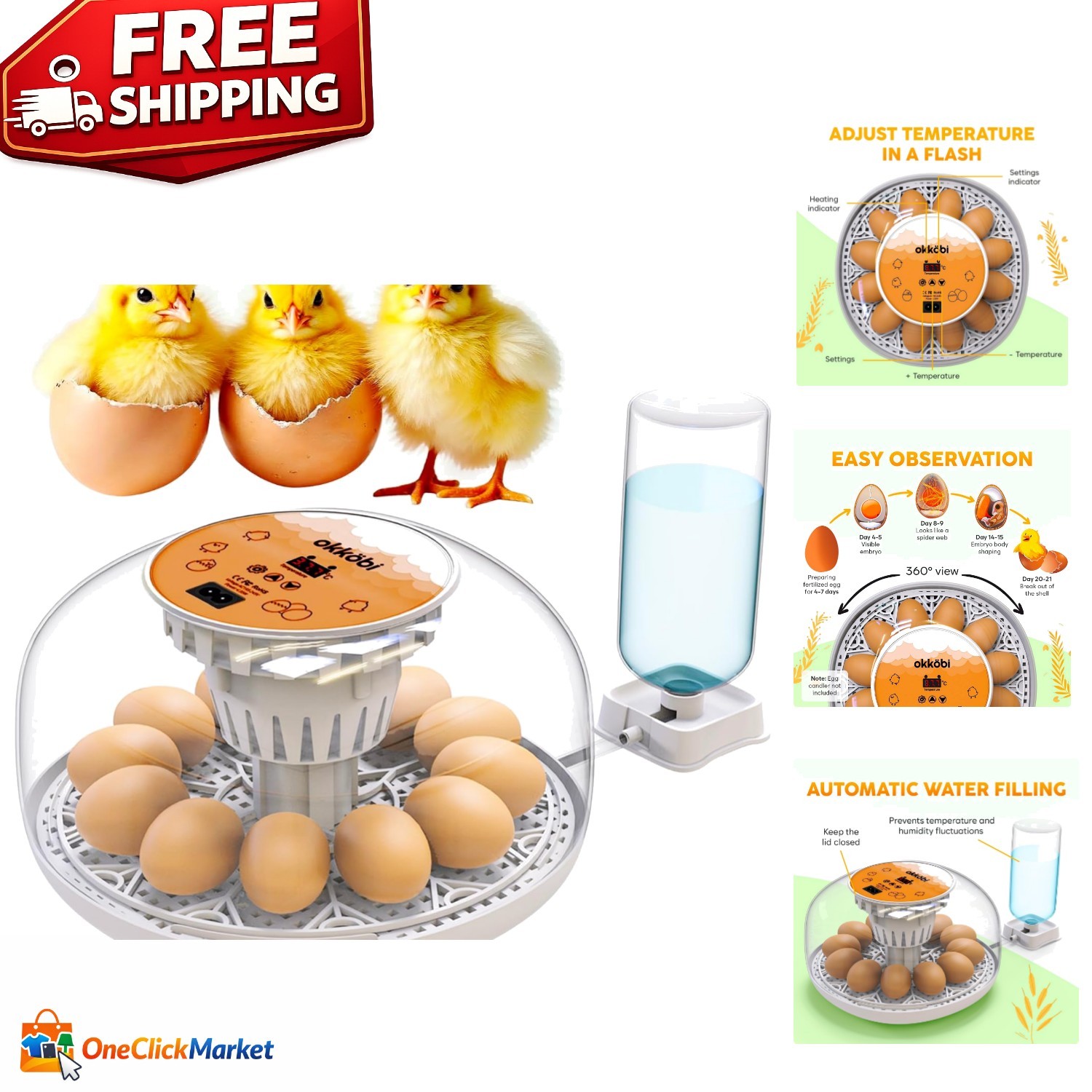 Automatic Egg Turner & Humidity Control Egg Incubator - Okkobi M12, 12/24 Eggs
