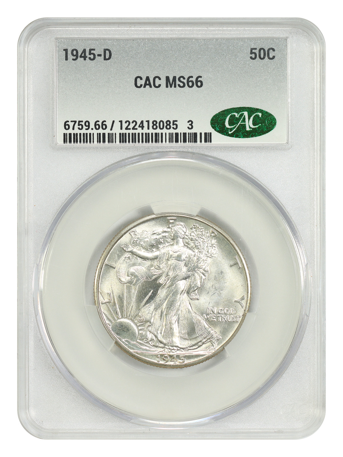 1945-D 50C CACG MS66 - Walking Liberty Half Dollar