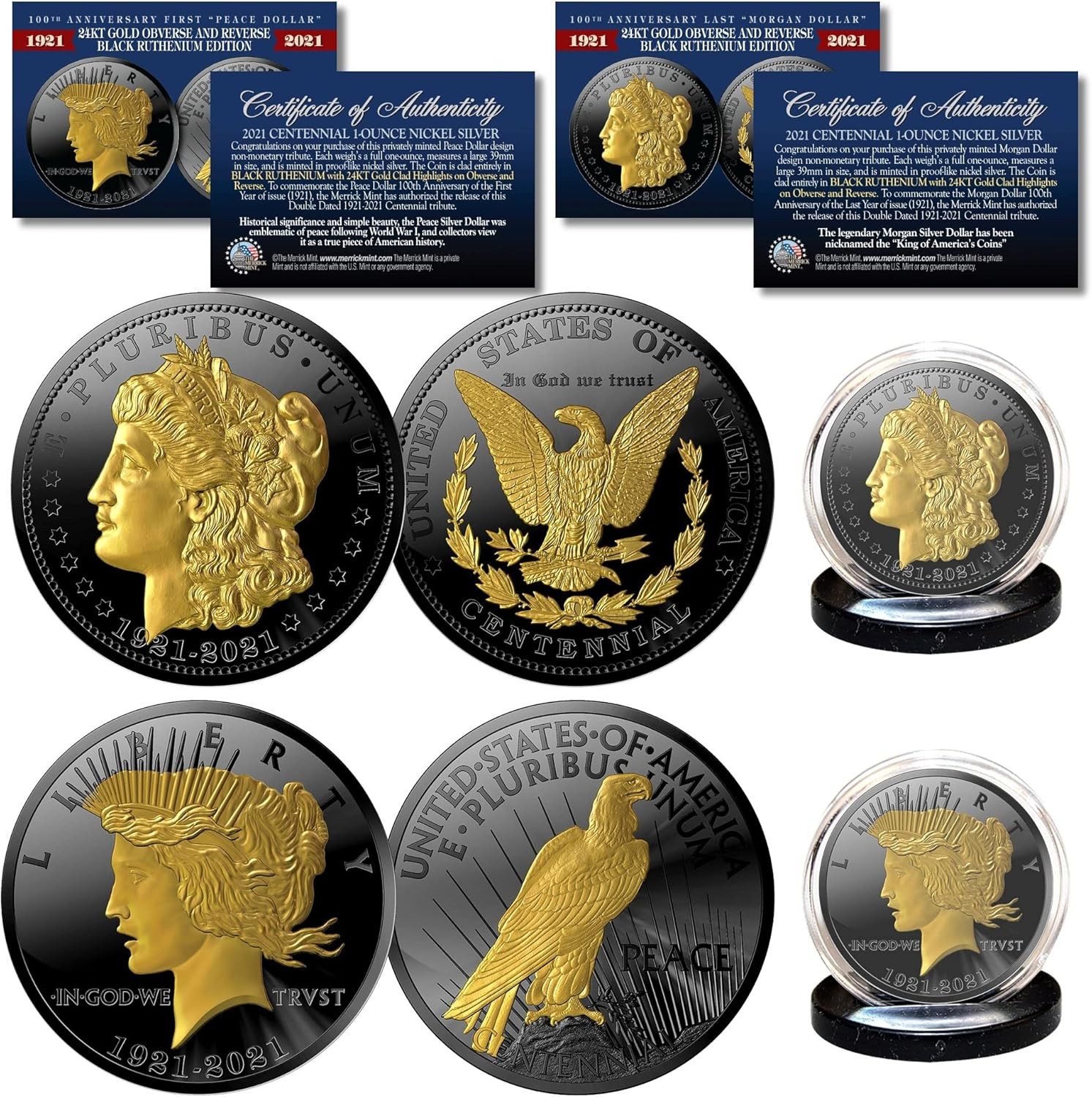 Merrick Mint Morgan & Peace Dollar Tribute Coins 1 OZ. Black Ruthenium & Gold 2-