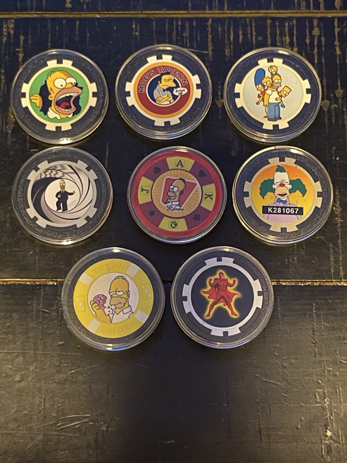 Lot of 8 Rare Simpsons Poker Chip / Golf Ball Markers: Homer, Moe, Krusty - New