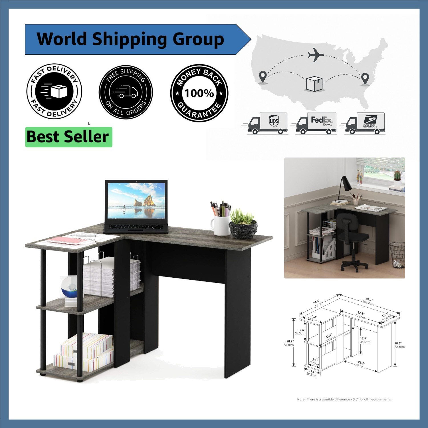 Modern L-Shape Computer Desk with Two Shelves - Stylish French Oak Grey Finish