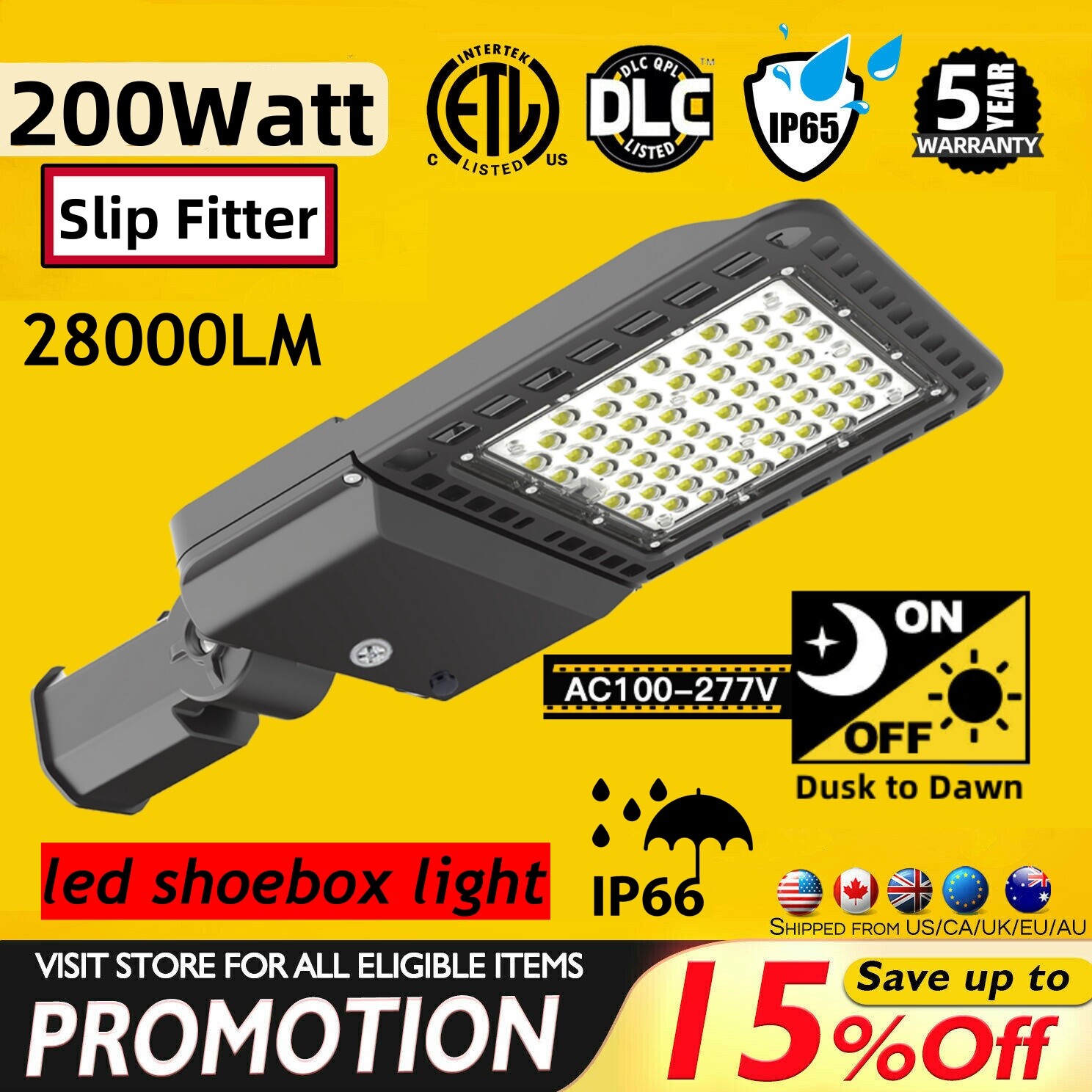 200W LED Parking Lot Light 24000LM Commercial Outdoor Shoebox Street Fixture ETL