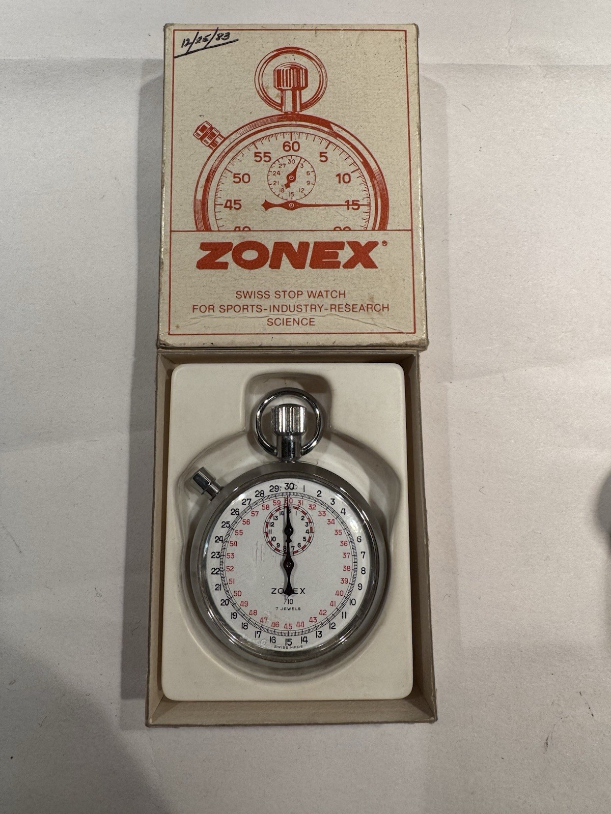 Vintage Zonex 7 Jewels Stopwatch 1/10 Swiss 15 Minute WORKING - Original Box