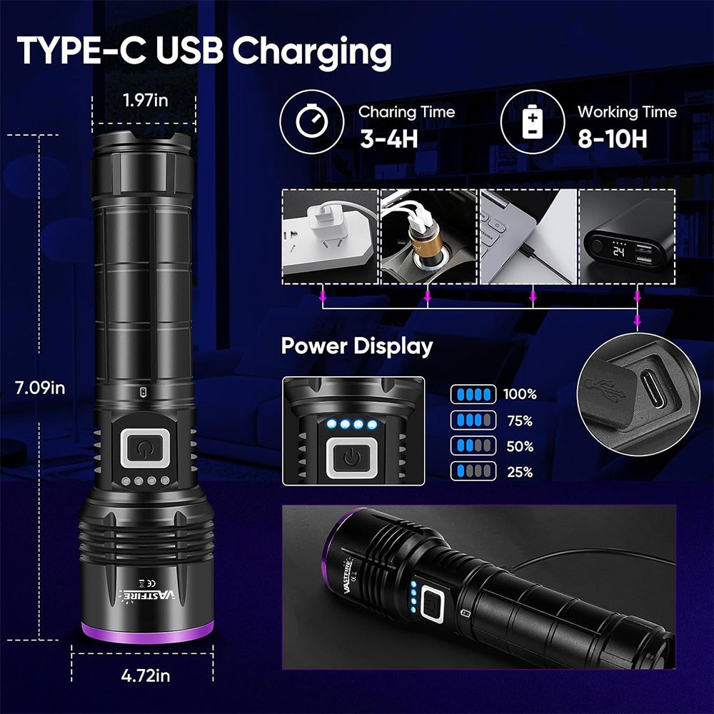 365nm UV Light Work LED Flashlight urine scorpion Detector Torch USB Charging