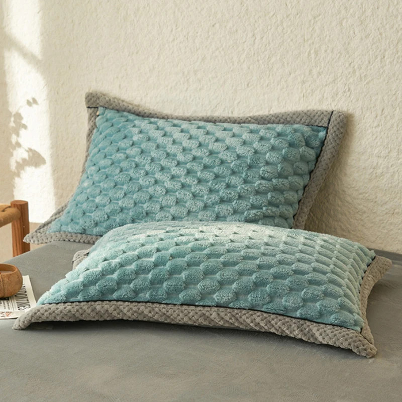 Gray Winter Waffle Pillowcase Soft Warm Coral Fleece Keep Warm Pillow Shams Plus