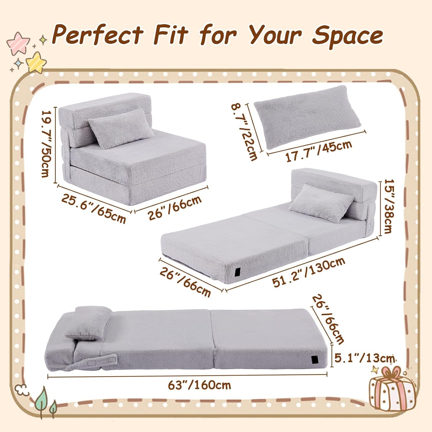 Folding Sofa Bed Mattress Kids W/ Pillow Toddler Washable Folding Floor Mat