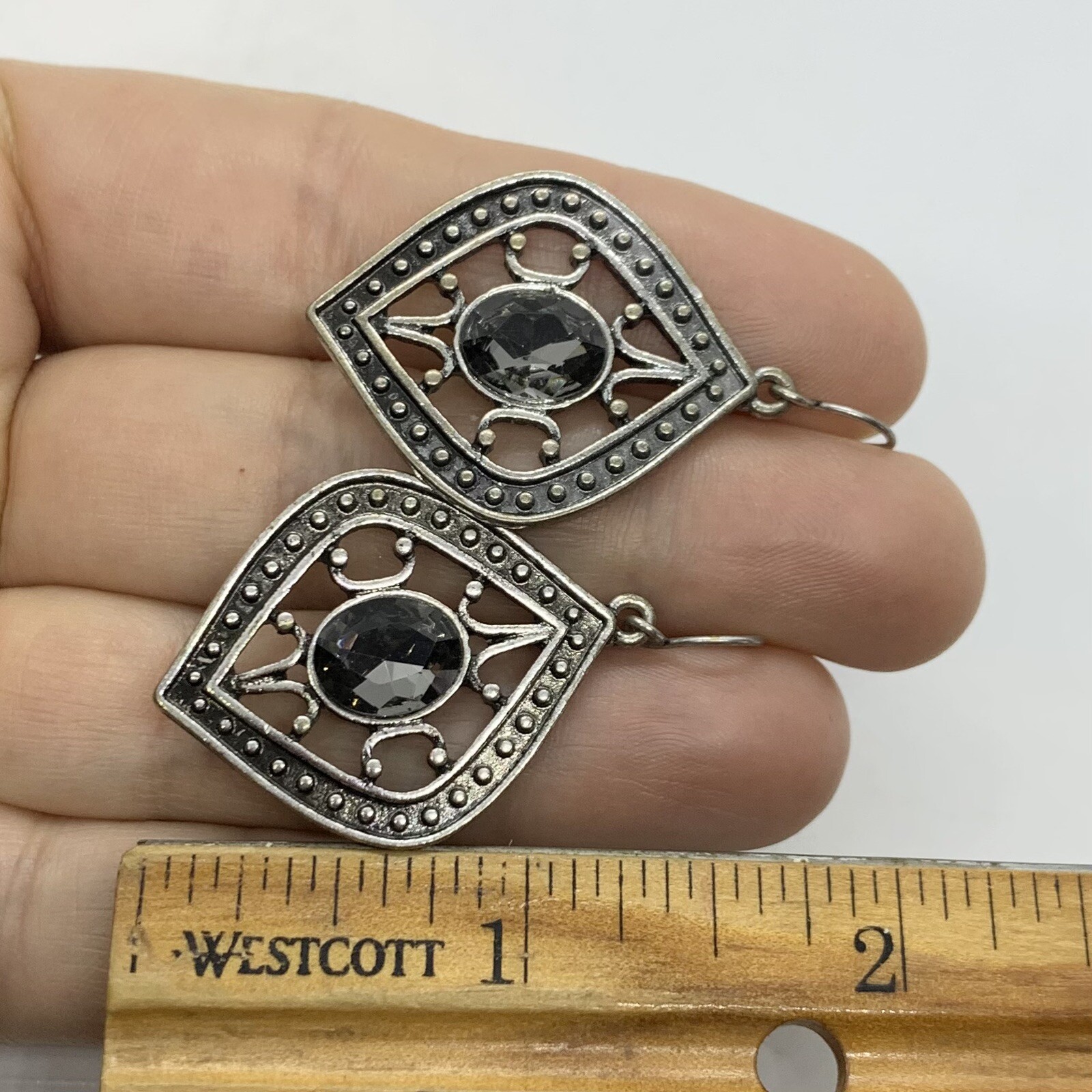 VTG GRAY RHINESTONE SILVER OPENWORK DANGLE EARRINGS HOOK 1.75”