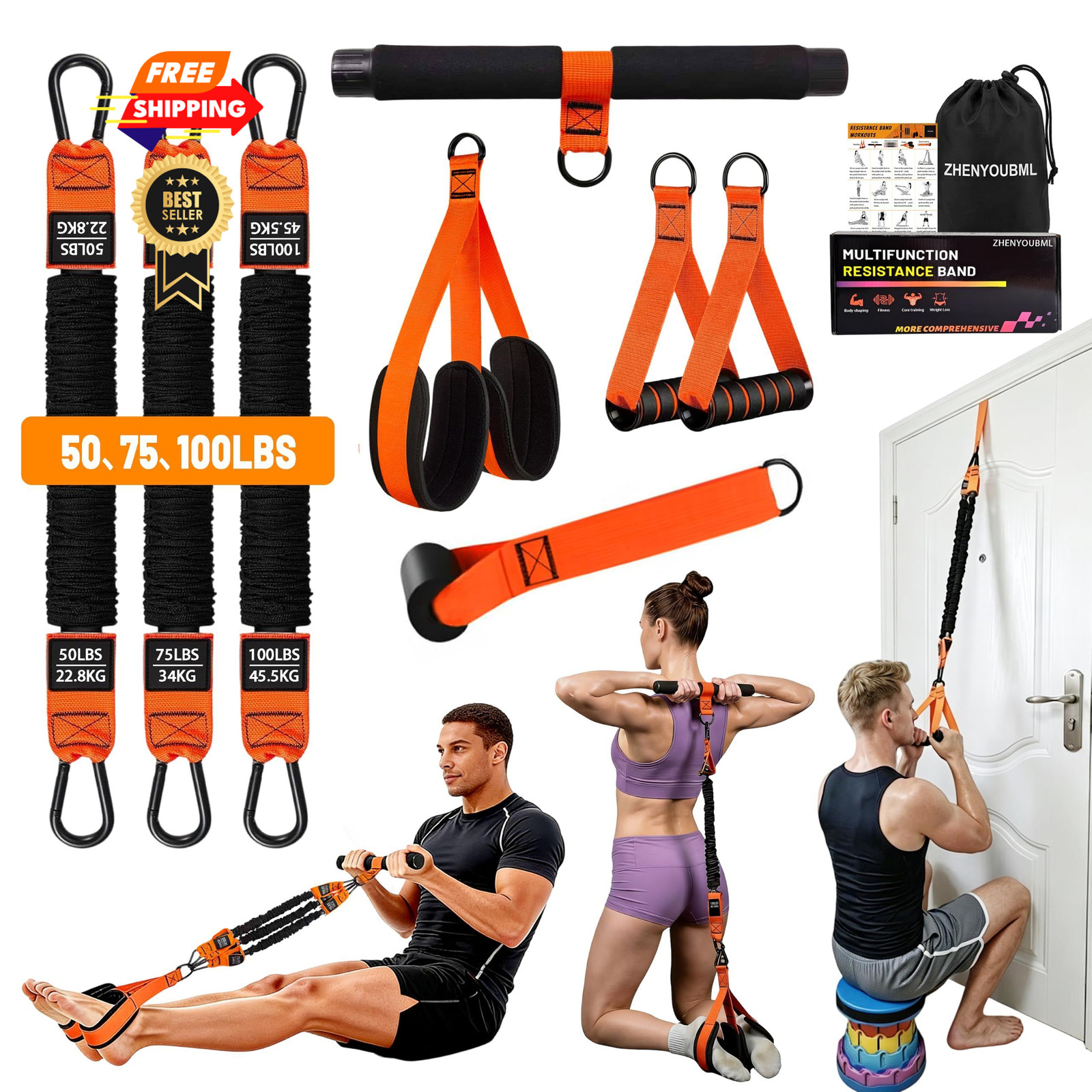 10PCS Pedal Resistance Band with Handle, Workout Door Anchor Kit, orange