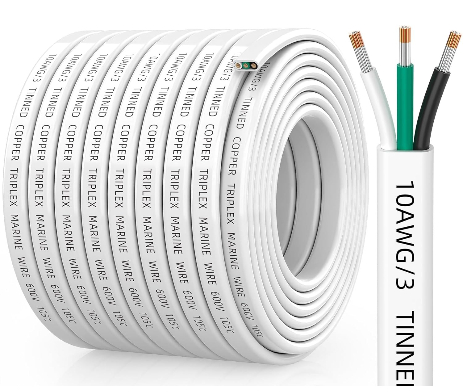 10 Gauge Marine Wire, 10/3 Triplex Grade Cable, IP68 50FT