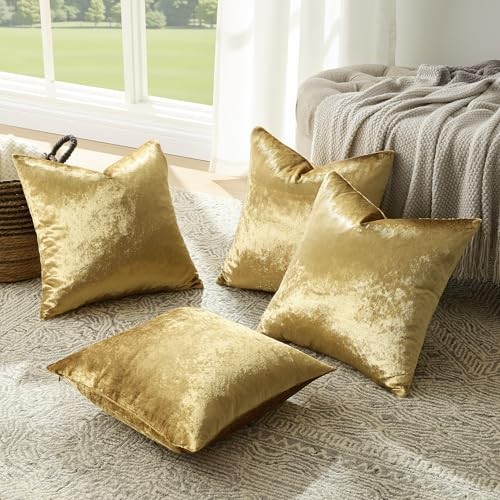 Velvet Pillow Covers 18x18，Pack of 4 Decorative 18" x 18" (Pack of 4) Gold