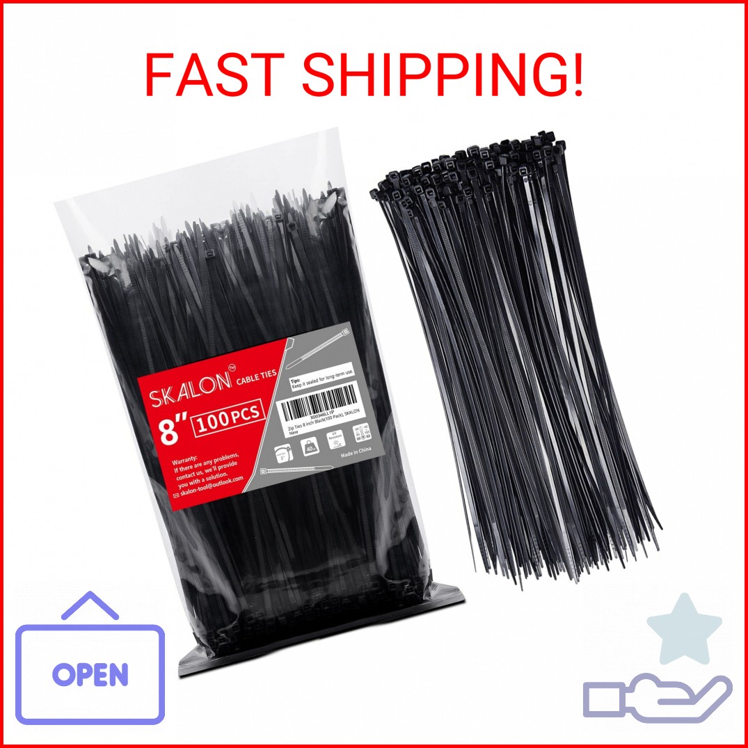 Zip Ties 8 inch (100 Pack), 40lbs Tensile Strength, Black Cable Ties, Wire Ties