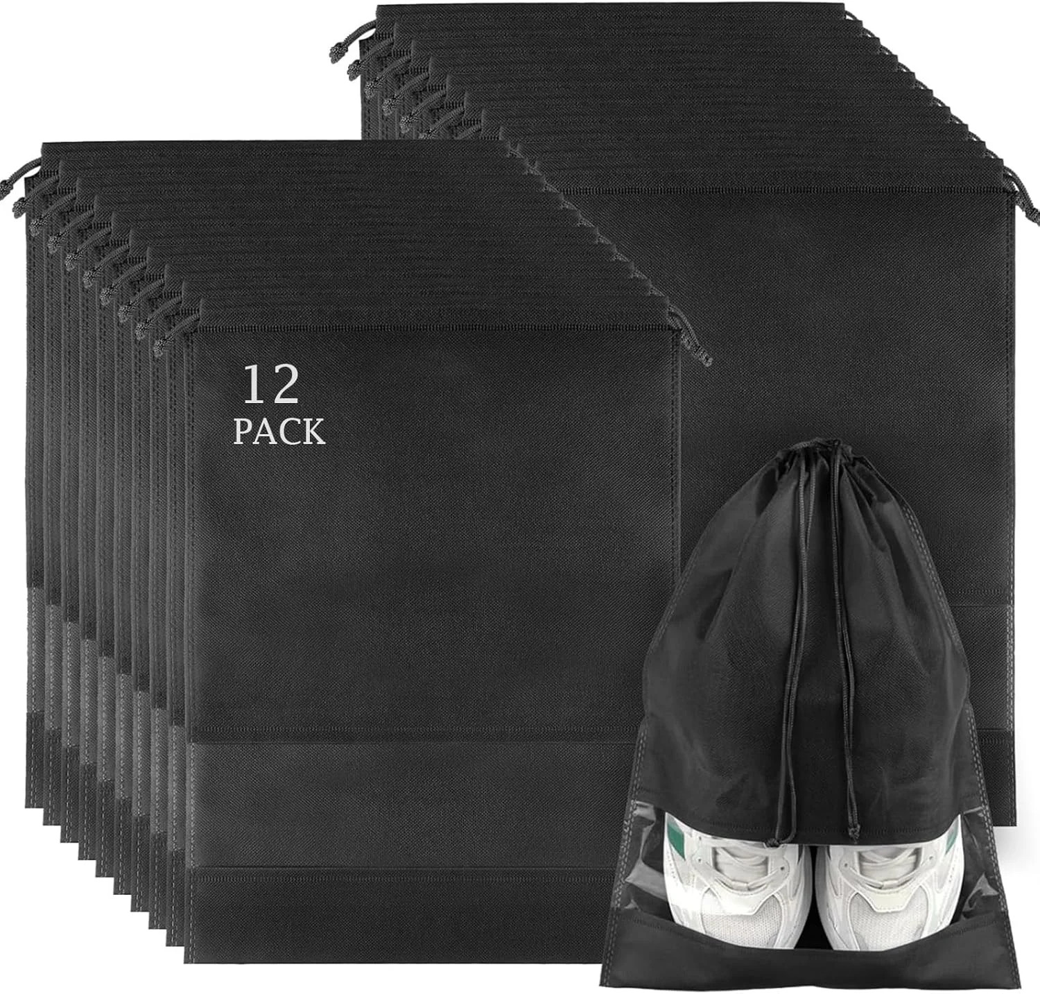 12 Pack Large Travel Shoe Bags Storage Pouch Clear Window Dustproof Drawstring