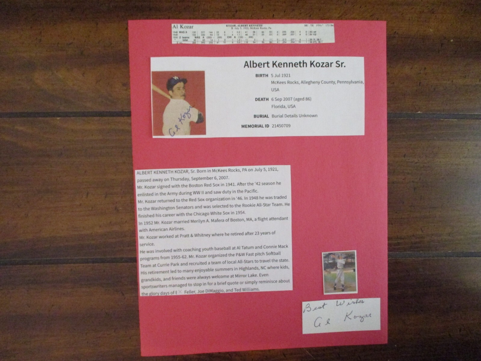 AL KOZAR(Died in 2007)Signed Trimmed Index Card w/8x11 Display w/Stat/Obit/Photo