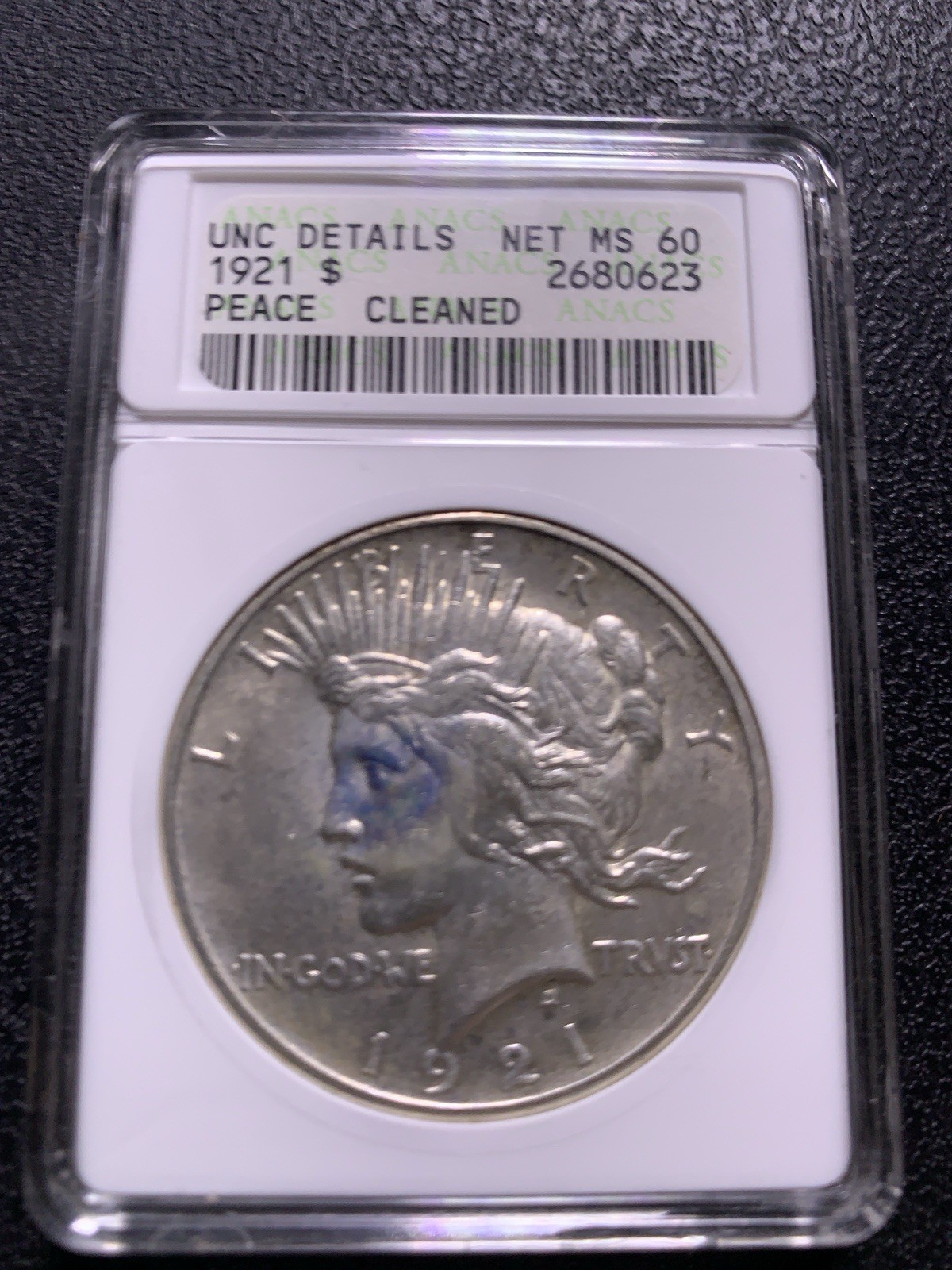 1921 Peace Dollar ANACS UNC Details Net MS60