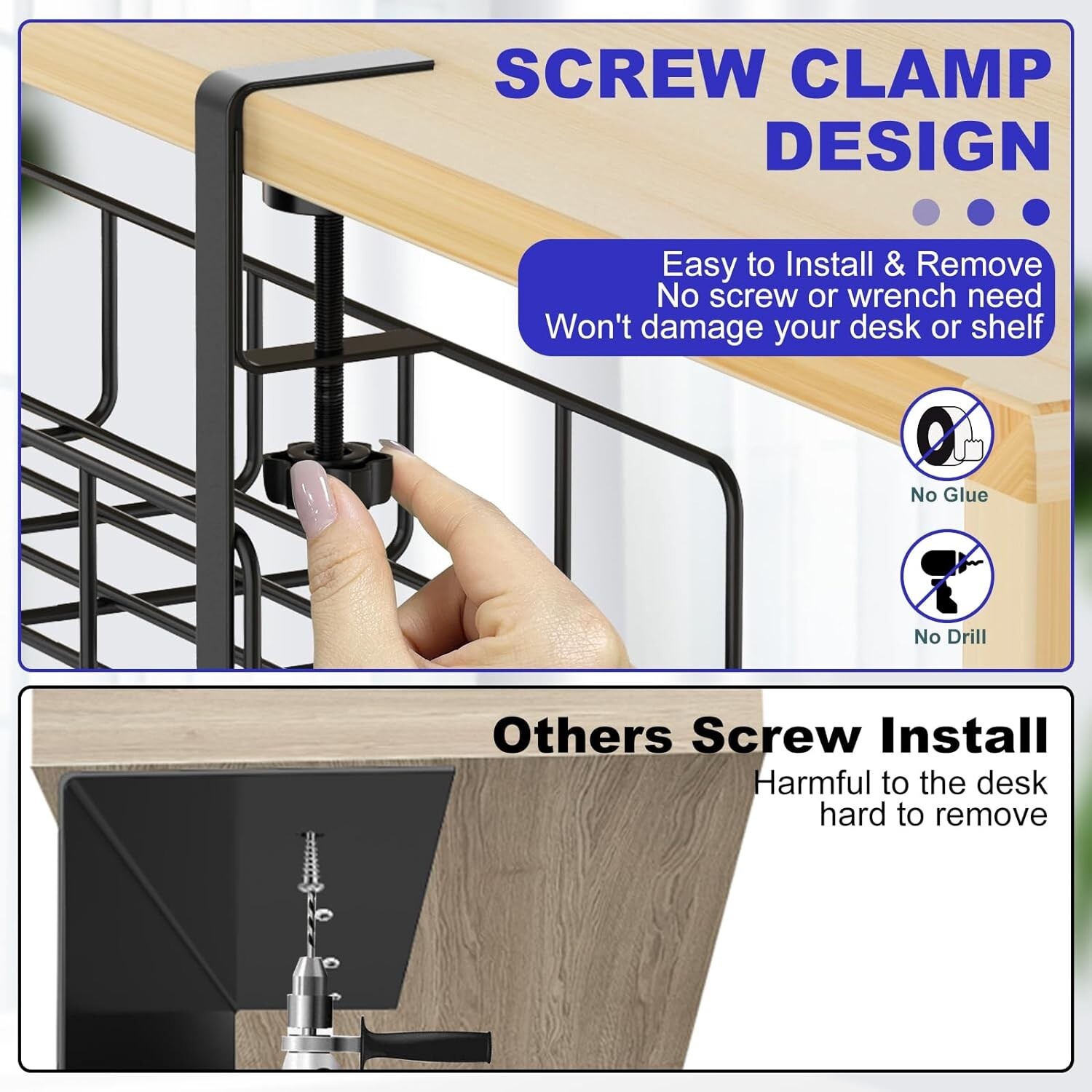 Elegant Under Desk Cable Management Tray - 15.7'' No Drill, Durable Steel Design