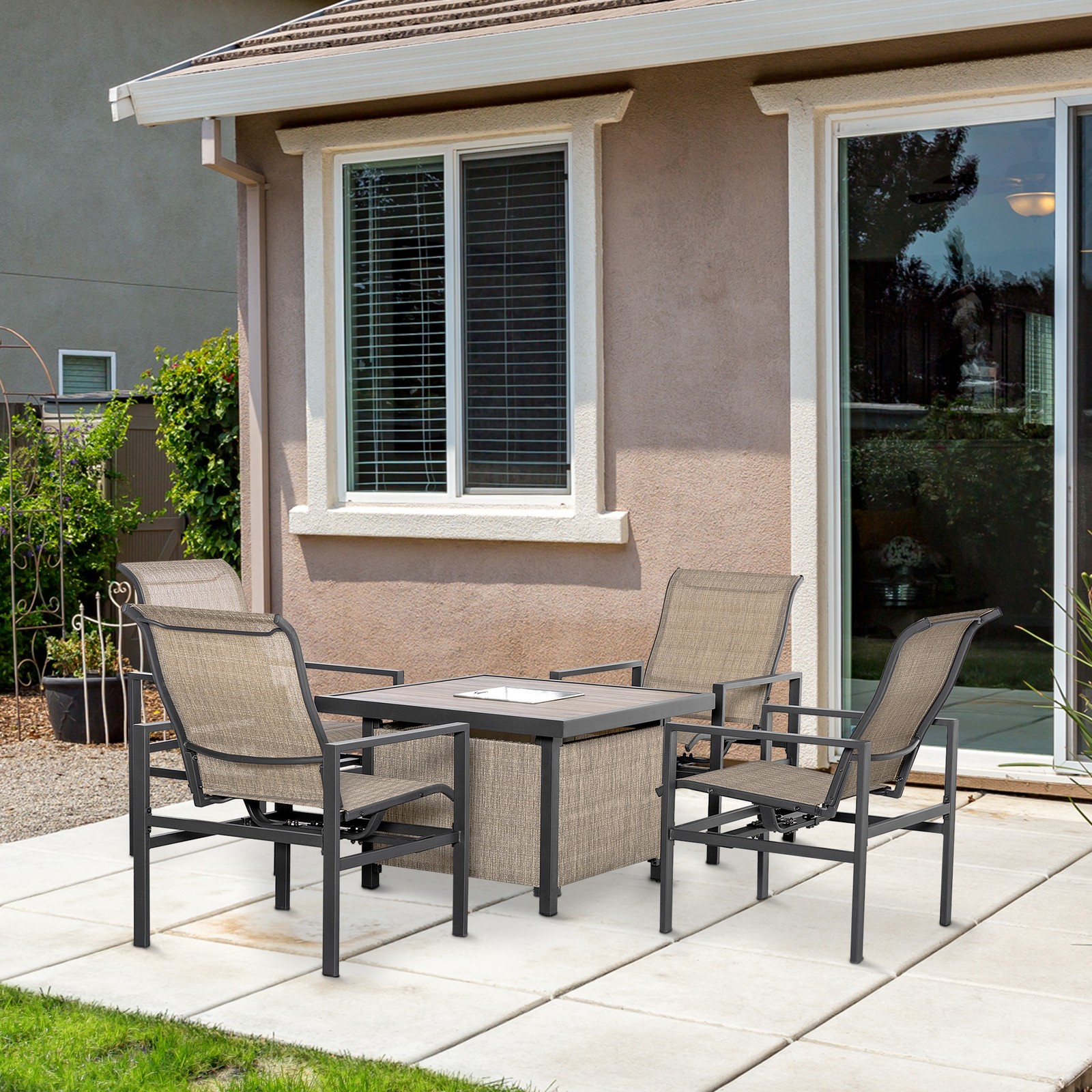 5pc Outdoor Patio Dining Set, Ice Bucket, 4 Rocking Chairs, Square Table, Beige