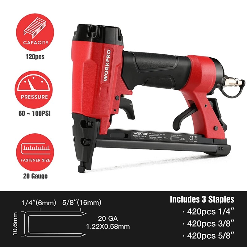 WORKPRO Pneumatic 20 Gauge Staple Gun T50 Upholstery Stapler With/1260PC Staples