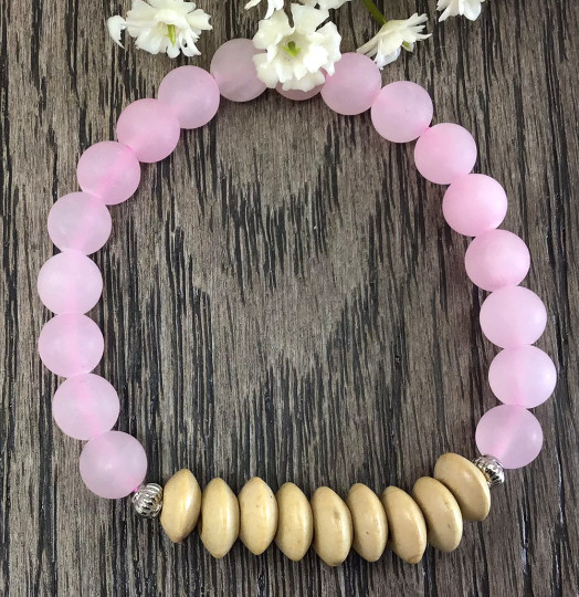 Matte rose quartz round beaded bracelet with wood beads healing stretchy women