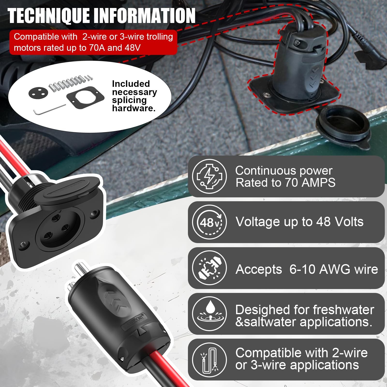 Moestoont 70A Trolling Motor Plug & Receptacle for 2 or 3 Wire 12-48V Systems...