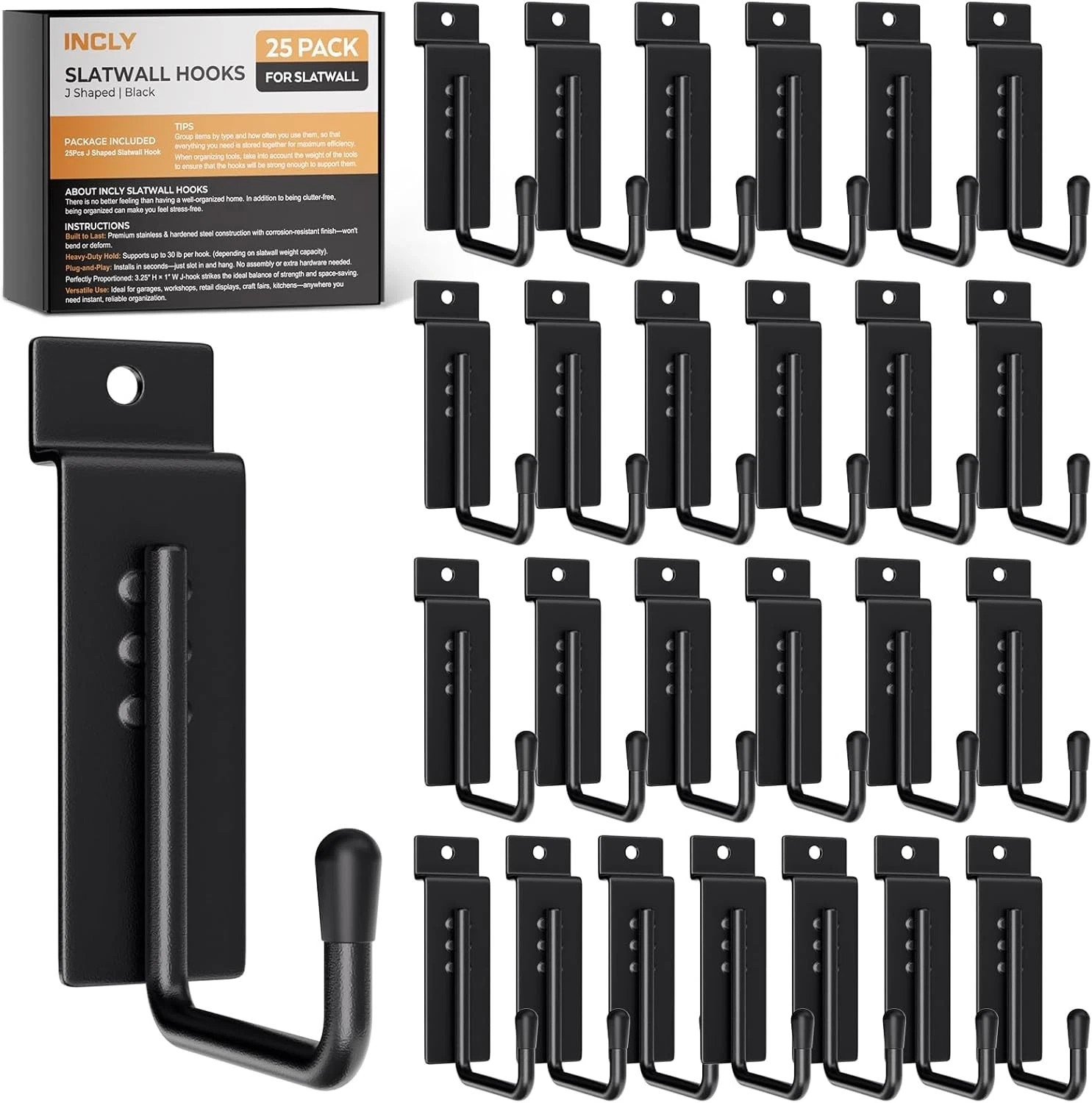 INCLY 25 Pack J-Shaped Slatwall Hooks, Heavy Duty Slat Wall Hanging Black
